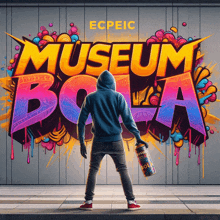 a man in a blue hoodie stands in front of a wall with graffiti that says museum bola