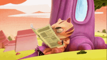 a cartoon cat is reading a newspaper while sitting on a purple object
