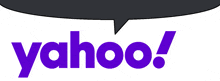 a purple yahoo logo with a black speech bubble behind it