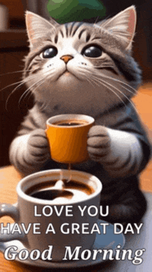 a cat is holding a cup of coffee with the words love you have a great day good morning below it