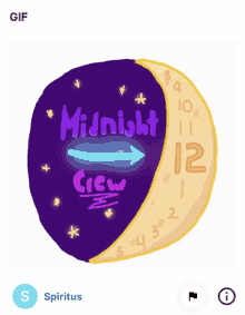 a cartoon drawing of a half moon with the words midnight crew written on it