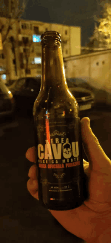 a person is holding a bottle of caveu