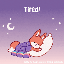 a cartoon of a fox sleeping under a blanket with the caption tired