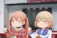 two anime girls are eating food with chopsticks and smiling