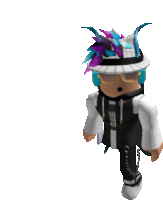 a roblox character wearing a white hat and a hoodie that says no one ever