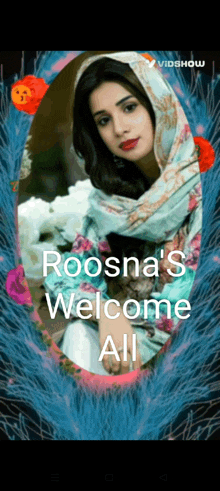 a picture of a woman with the words " roosna 's welcome all " on the bottom