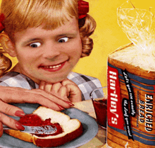 a little girl is spreading jam on a slice of bread next to a loaf of hartley 's enriched bread