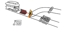 a drawing of a trolley going down a track