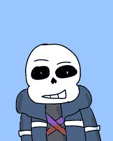 a drawing of a skeleton in a blue jacket