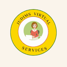 a logo for judims virtual services has a woman sitting at a desk with a laptop