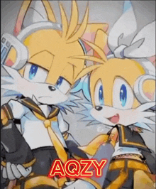 a couple of cartoon characters standing next to each other with the word aozy on the bottom .