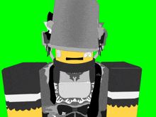 a green screen shows a cartoon character wearing a gray helmet