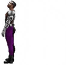 a man in purple pants is standing in front of a white background and looking up .