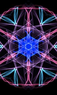 a kaleidoscope with a blue center and pink and blue lines