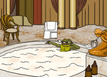 a cartoon of a frog taking a bath with a cup of coffee