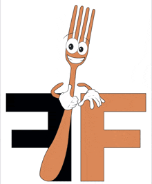 a cartoon drawing of a fork holding a black and brown letter f