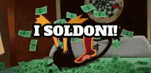 a cartoon character is laying in a pile of money with the words i soldoni above him .