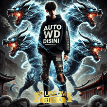 a man in an auto wd disini hoodie stands in front of three dragons