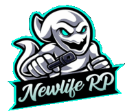 a logo for a company called newlife rp shows a ghost holding a microphone .