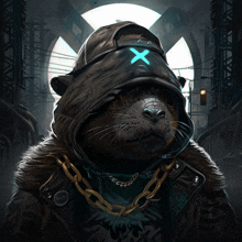 a painting of a rat wearing a hooded jacket and a chain around its neck