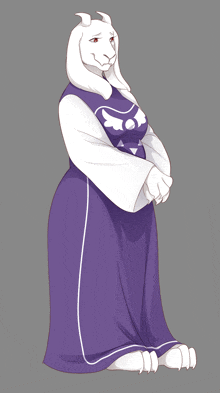 a drawing of a goat wearing a purple and white outfit