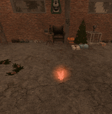 a computer generated image of a living room with a christmas tree and gifts