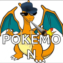 a cartoon of a dragon wearing sunglasses and a hat with the words pokemo n on the bottom