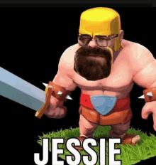 a man with a beard and glasses is holding a sword and the name jessie is on the bottom