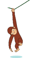 a cartoon of a monkey hanging from a green rope