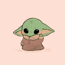 a drawing of a baby yoda giving the middle finger on a pink background