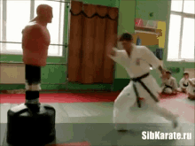 a man in a white karate uniform is kicking a punching bag in a gym with sibkarate.ru written on the bottom