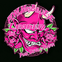 a pink demon with horns and roses says pink devil 's mafia