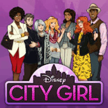 a group of people are standing next to each other in front of a sign that says disney city girl .