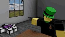 a video game character wearing a green top hat and black shirt