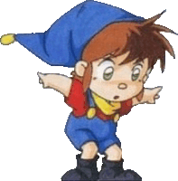 a cartoon drawing of a boy wearing a blue hat and blue shorts