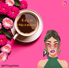 an illustration of a woman with a cup of coffee that says good morning