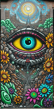 a colorful painting of an eye surrounded by flowers and buildings