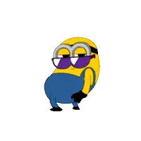 a cartoon minion wearing sunglasses and overalls is standing on a white background .
