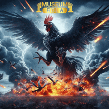 a poster for museum bola shows a giant rooster