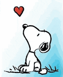 a cartoon of snoopy sitting in the grass with a heart above his head .