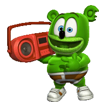 a green gummy bear is holding a red boombox and giving a thumbs up