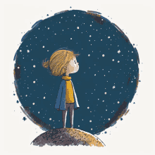 a drawing of a girl looking up at the stars