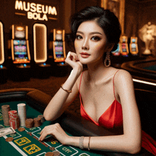 a woman in a red dress is sitting at a table in front of a museum bola sign