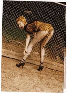 a woman in a tiger costume is kneeling down