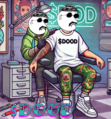 a cartoon of a man getting a tattoo with a shirt that says $ dood on it