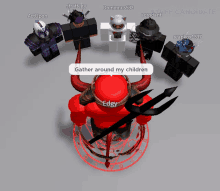 a group of roblox characters are gathered around a red devil holding a trident