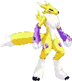 a pixel art of a yellow and white fox with purple gloves on .
