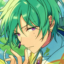 a boy with green hair and purple eyes is holding a pearl necklace