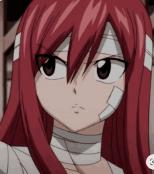 a close up of a red haired anime girl with bandages on her head