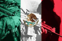 a soldier is holding a gun in front of a flag of mexico .